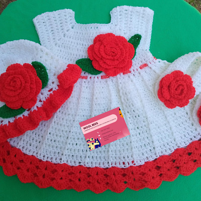 1 - 12 Months - Handmade Crochet Rose Baby Dress White & Red Baby Girl Frock