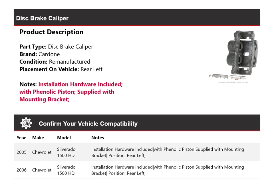 Pinza de freno de disco trasera izquierda Cardone para Chevrolet Silverado 1500 HD 2005-2006 Foto 2 de 4