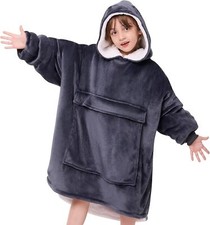 Wearable Blanket Hoodie Kids, Oversized Blanket Sweatshirt with Sherpa Grey 