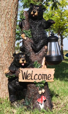 Climbing Black Bear Cubs Garden Light Welcome Statue Figurine Solar LED Lantern