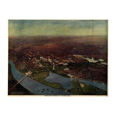 1916 Bird's Eye View Drawing of Washington D.C. with Historic Landmarks
