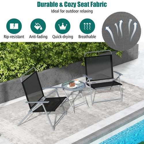 3-Piece Outdoor Patio Set with Foldable Chairs and Glass Table, Black/Silver - Picture 3 of 9