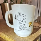 Fire-King Vintage Peanuts Snoopy Woodstock Milk Glass Coffee Mug 10 oz Quote