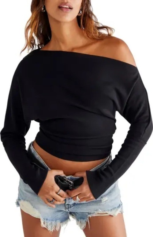 WE THE FREE Fuji Thermal Top Sz L Black Raglan Sleeve Off Shoulder Waffle Knit