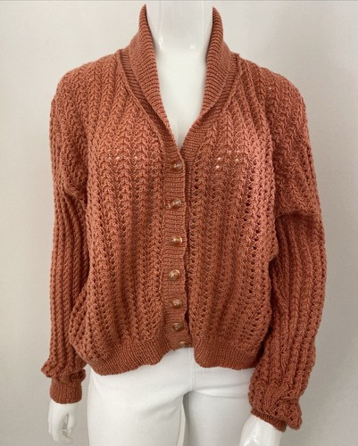 20-22 / 3XL-4XL Orange Hand Knitted Pure Wool Cardigan Open Knit Buttons