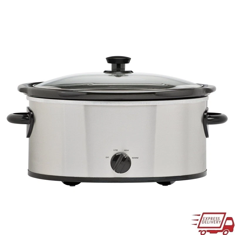 6 Quart Slow Cooker Stainless Steel Removable Stoneware Glass Lid Temp Control