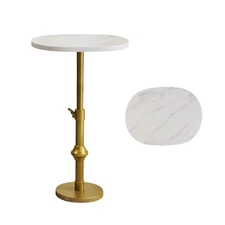 Marble Drink Table, 10"x12"x(22“~30") Martini Table with Metal Antique White
