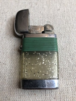 Vintage Scripto Vu Lighter Mini Chrome Teal Band with Frosted Case