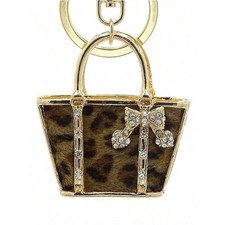 Gold-Tone Leopard Mini Purse Keychain with Crystal Bow Bag Bling accessory