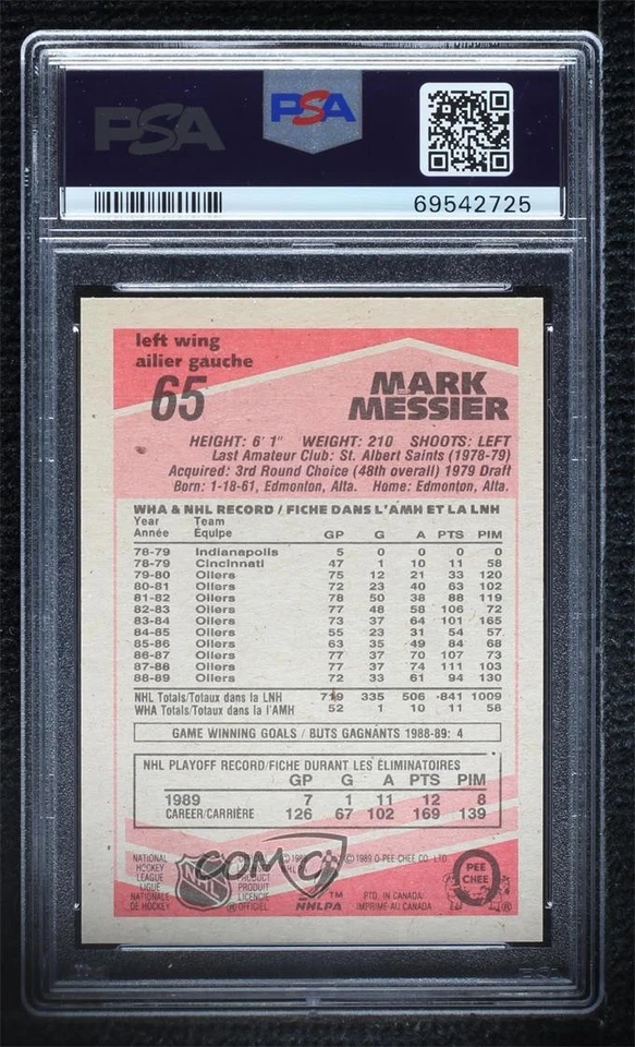 1989-90 O-Pee-Chee Mark Messier #65 PSA 9 MINT HOF - Image 2 of 2