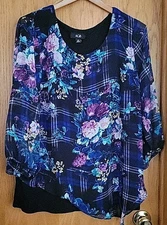 AGB Top Womens Asymmetrical XL Black Navy Floral Overlay 3/4 Sleeve Plaid