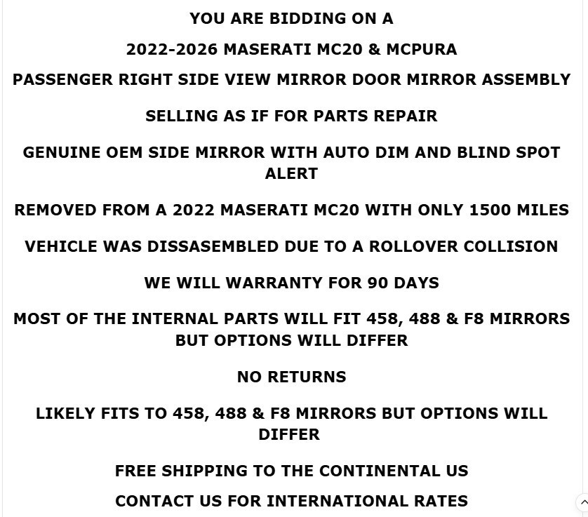 2022-2026 Maserati MC20 MCPura Right Side View Mirror Auto Dim Blind *For Parts*