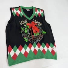 Spencer's Sweater Vest Mens Large Black Ugly Christmas 3D Wreath Argyle V Neck