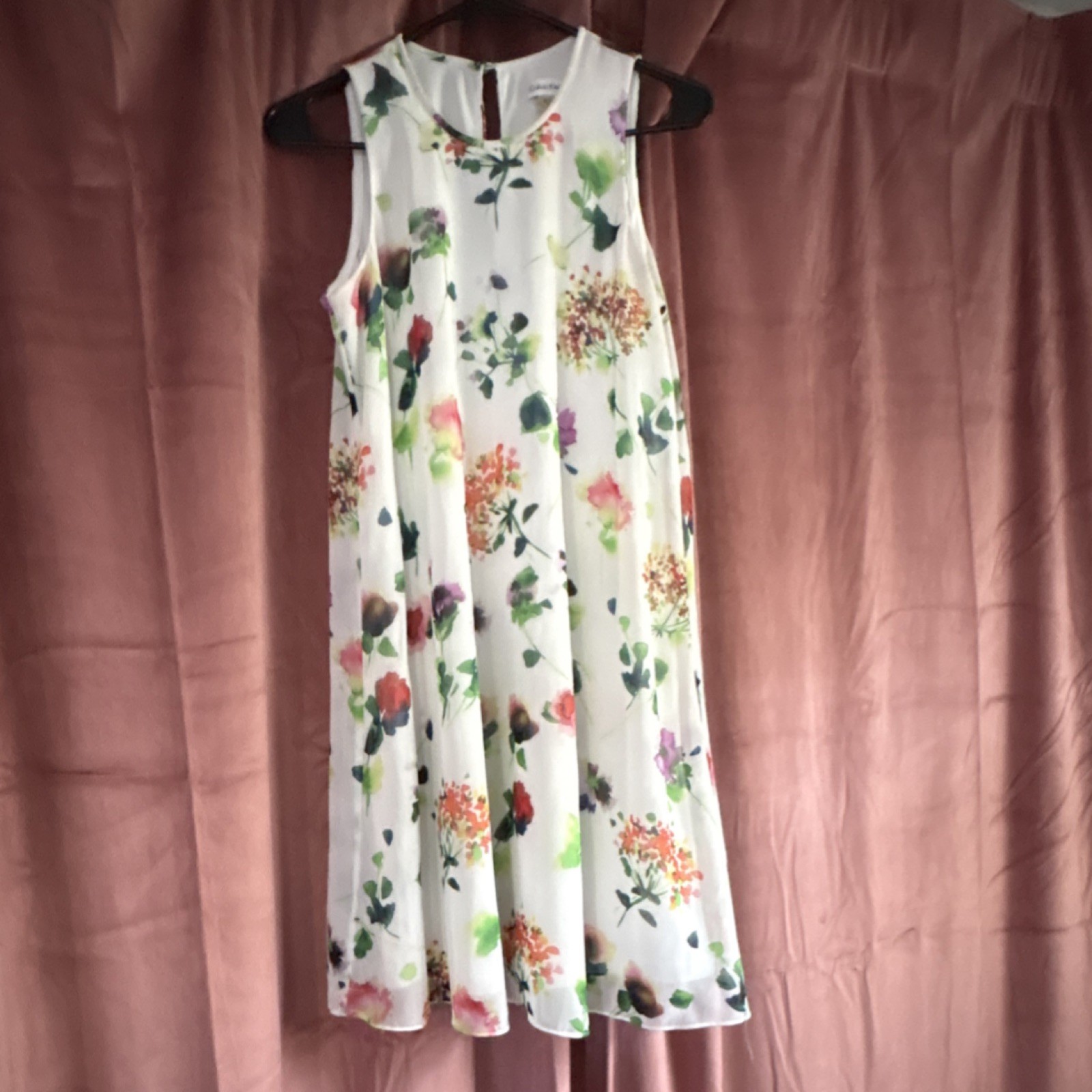 Calvin Klein Floral Chiffon Sleeveless Knee Length Dress White Multicolor 6