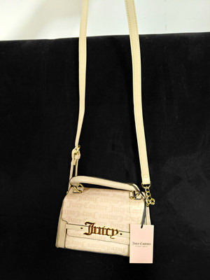 Juicy Couture Beige/White Logo Print Small Crossbody Bag Flap, Adjustable Strap