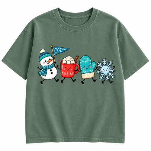 Cute Snowman Winter Graphic T-Shirt Hot Cocoa Mittens Snowflake Holiday Tee - product listing photo