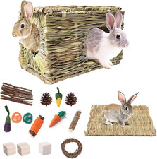 Large Rabbit Grass House & Chewing Toy Set – Foldable Bunny Hideout, Natural Gra