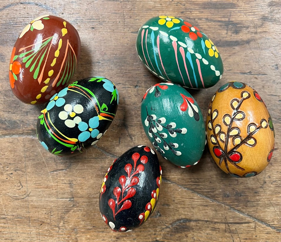Eastery Drawings Set 6 VINTAGE hand-painted POLISH EASTER EGGS wooden PISANKI folk art ...