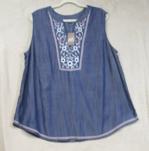 NUEVO CON ETIQUETAS J Jill Blusa Denim Para Mujer Talla 2X Sin Mangas Bordada Floral Azul - Imagen 2 de 8