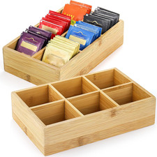 2 Pack Bamboo Tea Bag Organizers, Wood Tea Bag Storage for Drawers with 6 Roomy