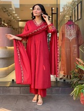 Women's Deep Red Embroidered 3 Piece Salwar Suit with Dupatta Traditional Wear