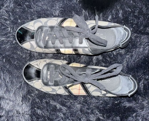 Coach Jayme Signature Canvas and Plaid Low Top Sneakers with Patent Leather Trim
