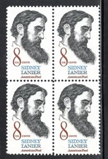 US Stamp Scott #1446, 8c, Sidney Lanier, Block of 4, MNH