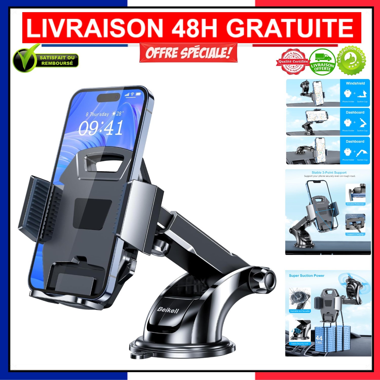 Support téléphone voiture ventouse Beikell pour éviter les vibrations du smartphone