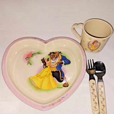 Vintage Beauty And The Beast Heart Shaped Melamine Plate Dish Cup & Silverware