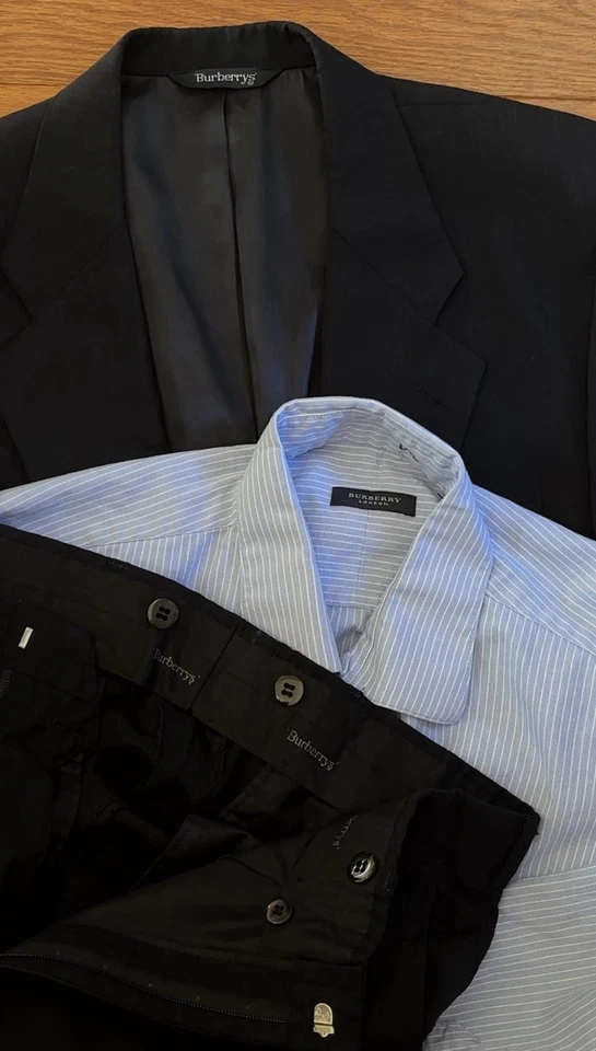 Винтажный мужчин Burberry темно-синий в тонкую полоску костюм Blazer куртка рубашка брюки 100% чистой шерсти - Изображение 3 из 4