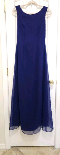 VINTAGE Womens LONG Formal Sleeveless Chiffon Dress Small Medium Blue Back Loop