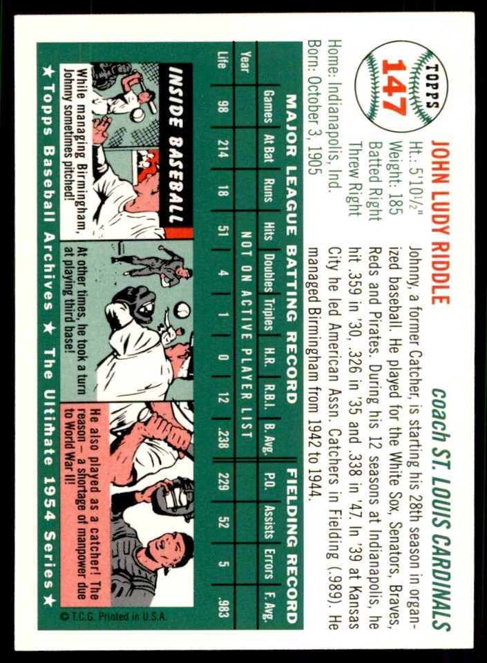 1994 Topps Archives 1954 Johnny Riddle Baseball Cards #147 | eBay