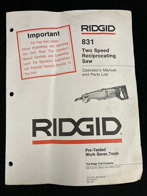 RIGID #831 TWO SPEED RECIPROCATING SAW OPERATING MANUAL & PARTS LIST