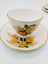 Royal Osborne Fine Bone China Tea Cup & Saucer Yellow Rose Gold Ferns & Trim