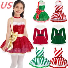 Kids Girls Christmas Dance Tutu Dress Sequin Strip Figure Ice Skating Leotard