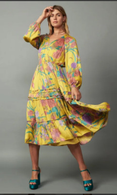 NWT Current Air Yellow Floral Ruffle Midi Dress Size M