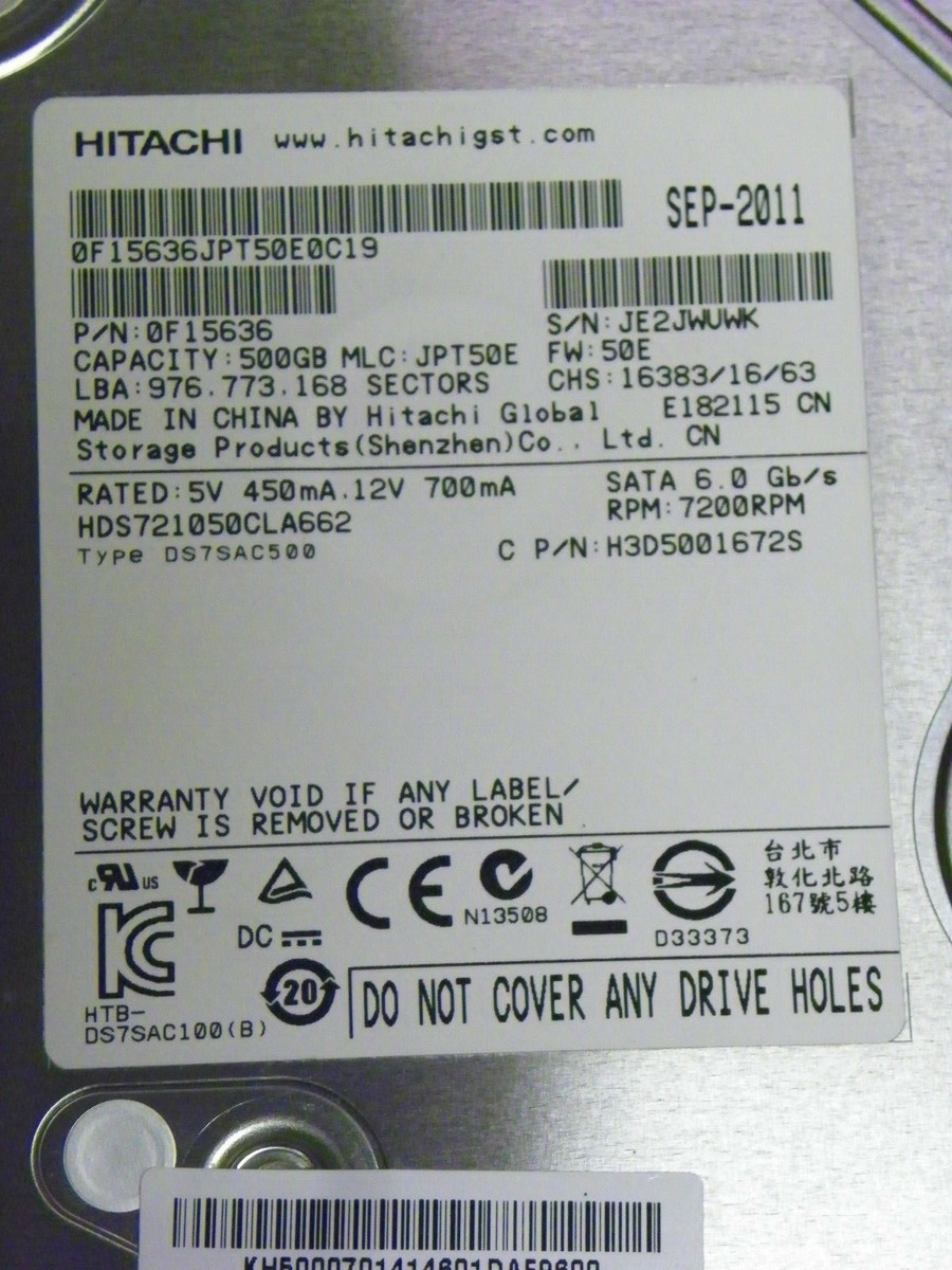 Hitachi HDS721050CLA662 P/N:0F15636 MLC: JPT50E 500GB 3.5