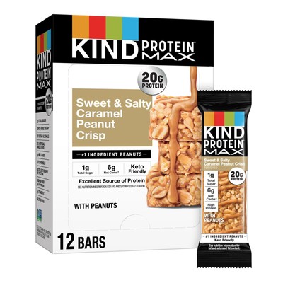 KIND Protein MAX Sweet & Salty Caramel Peanut Crisp Snack Bars Keto Friendly ...