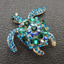 Women's Green Blue Crystal Rhinestone Turtle Brooch Pin