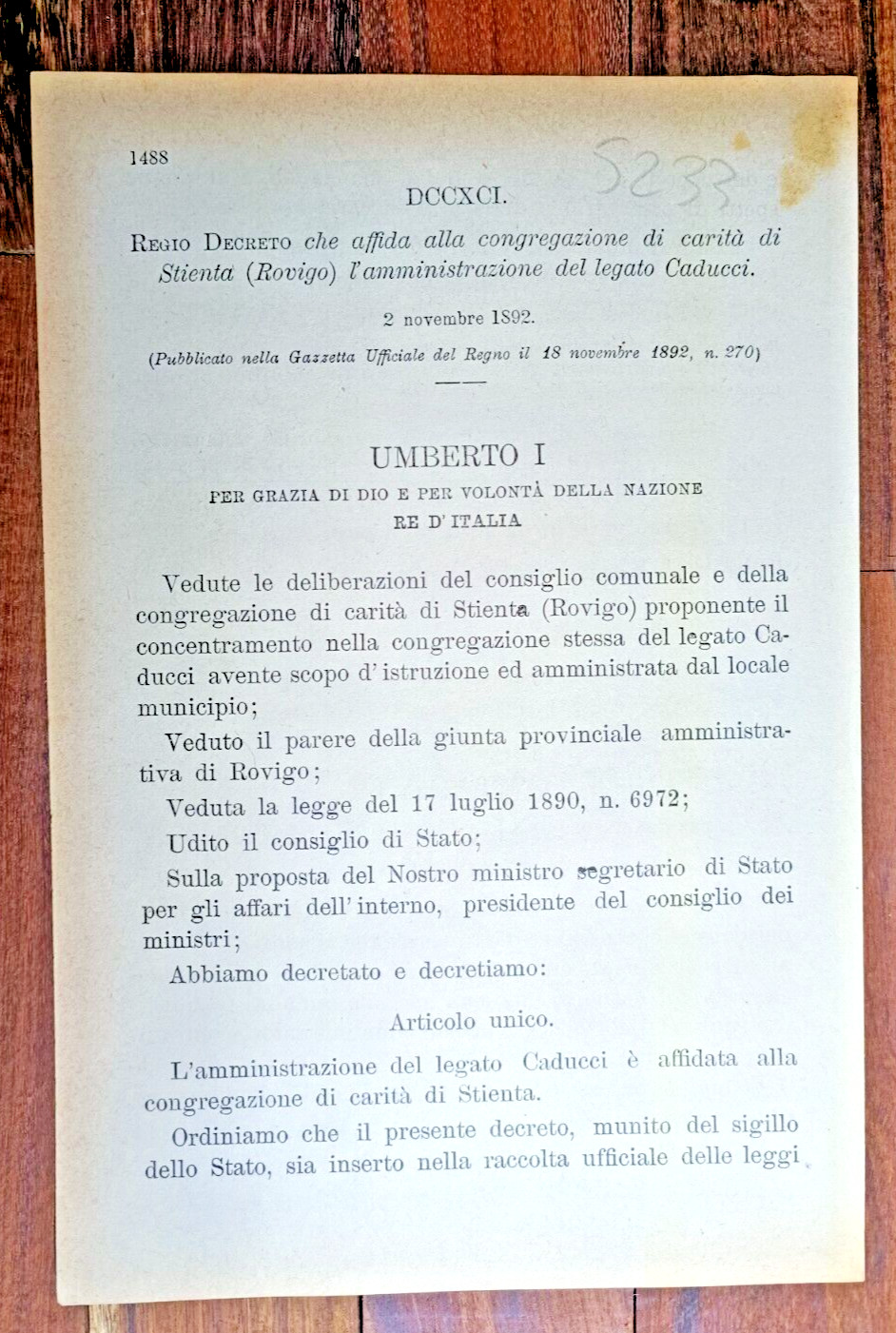 STIENTA 1892 REGIO DECRETO X CONGREGAZIONE DI CARITA'-5233