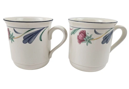 Lenox Poppies On Blue Coffee Mugs Set of 2 Botanical Chinastone USA Vintage