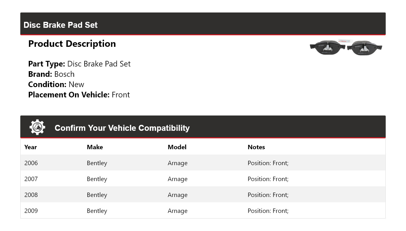 For 2006-2009 Bentley Arnage Bosch QuietCast Semi-Metallic Brake Pads Front 2007