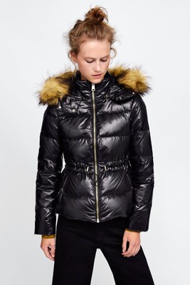 Shiny puffer jacket with fur hood womens