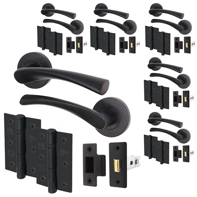 Schwarz gebogen Türdrücker Riegel Set, 6 Stück - Griffe, Riegel 64 mm, Scharniere 76 mm