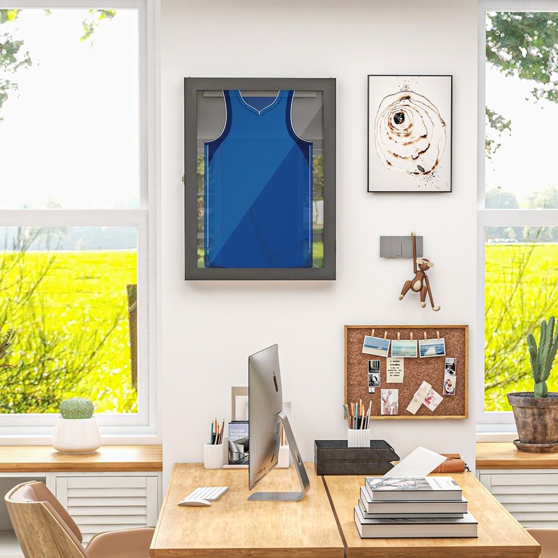 Athletic Jersey Shadow Frame Square Lockable Display Case with Brass Hook Hanger