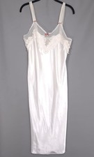 California Dynasty MEDIUM White Satin Beaded Gown Women  s Slip VINTAGE USA MADE