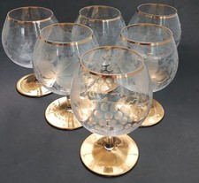 Crystal Brandy Cognac 6 Glasses Set Snifters Gold Base Moser Style VTG Etched
