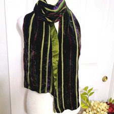 Vintage Multicolor Stiped Velvet Bland Silk Scarf 67 X9 Bohemian Retro 70s