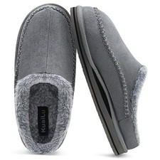Mens Clog Slippers with Arch Support Suede Faux Fur Memory Foam Warm 9 Grey