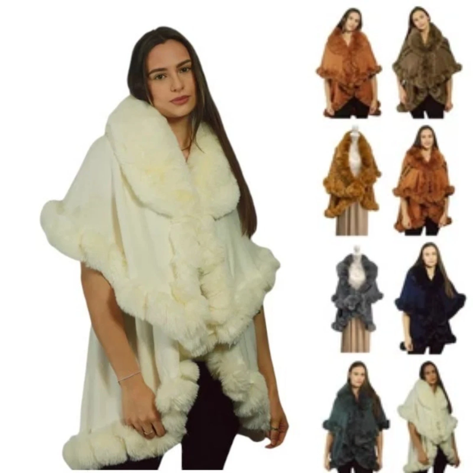 Women's Soft Double Layered Poncho Fleece Faux Fur Collar Cuffs Cape Shawl Wrap